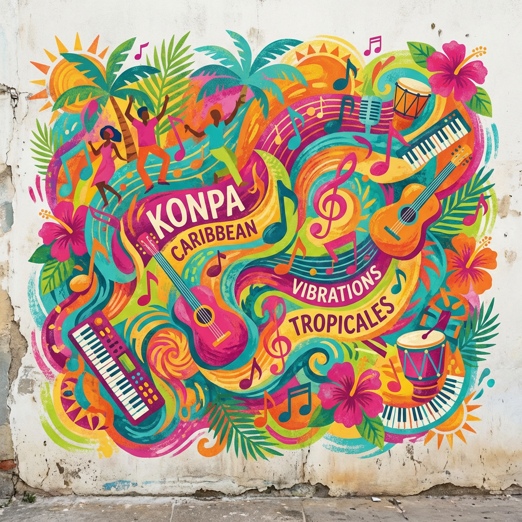Colorful mural featuring musical instruments, dancers, and text: KONPA CARIBBEAN VIBRATIONS TROPICALES.